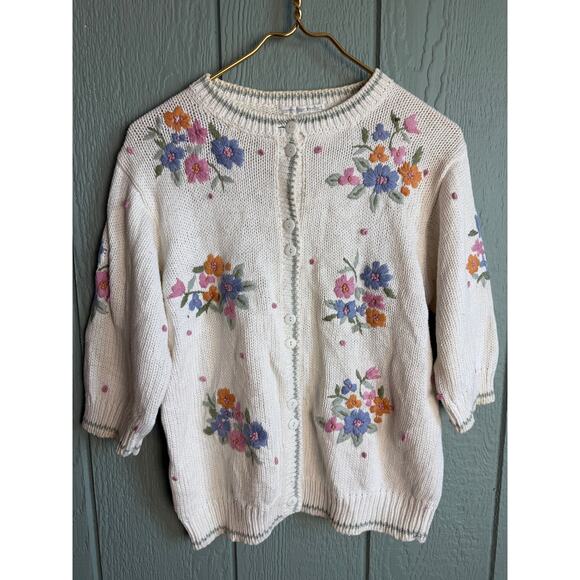 Vintage Floral Embroidered Knit Cardigan | Cottagecore | Pastel Flowers, LG - Picture 1 of 7